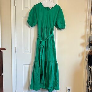 Green Puff Sleeve Midi Dress